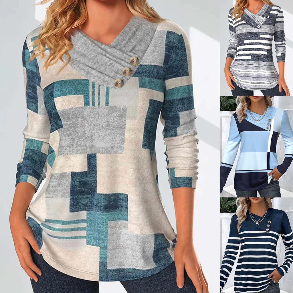 Women’s V-Neck Long Sleeve Top with Buttons in 4 Patterns S-3XL - Wazzi's Wear