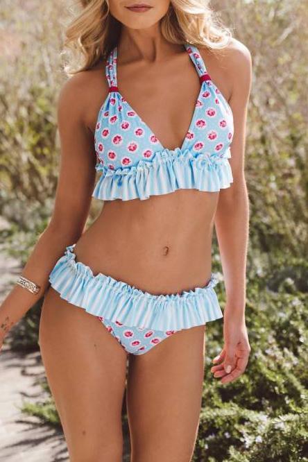 Women’s Halter Neck Low Waist Ruffled Bikini