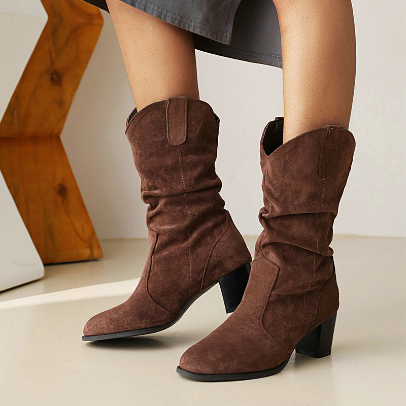 Women’s Suede Chunky Heel Mid-Calf Boots in 4 Colors - Wazzi's Wear