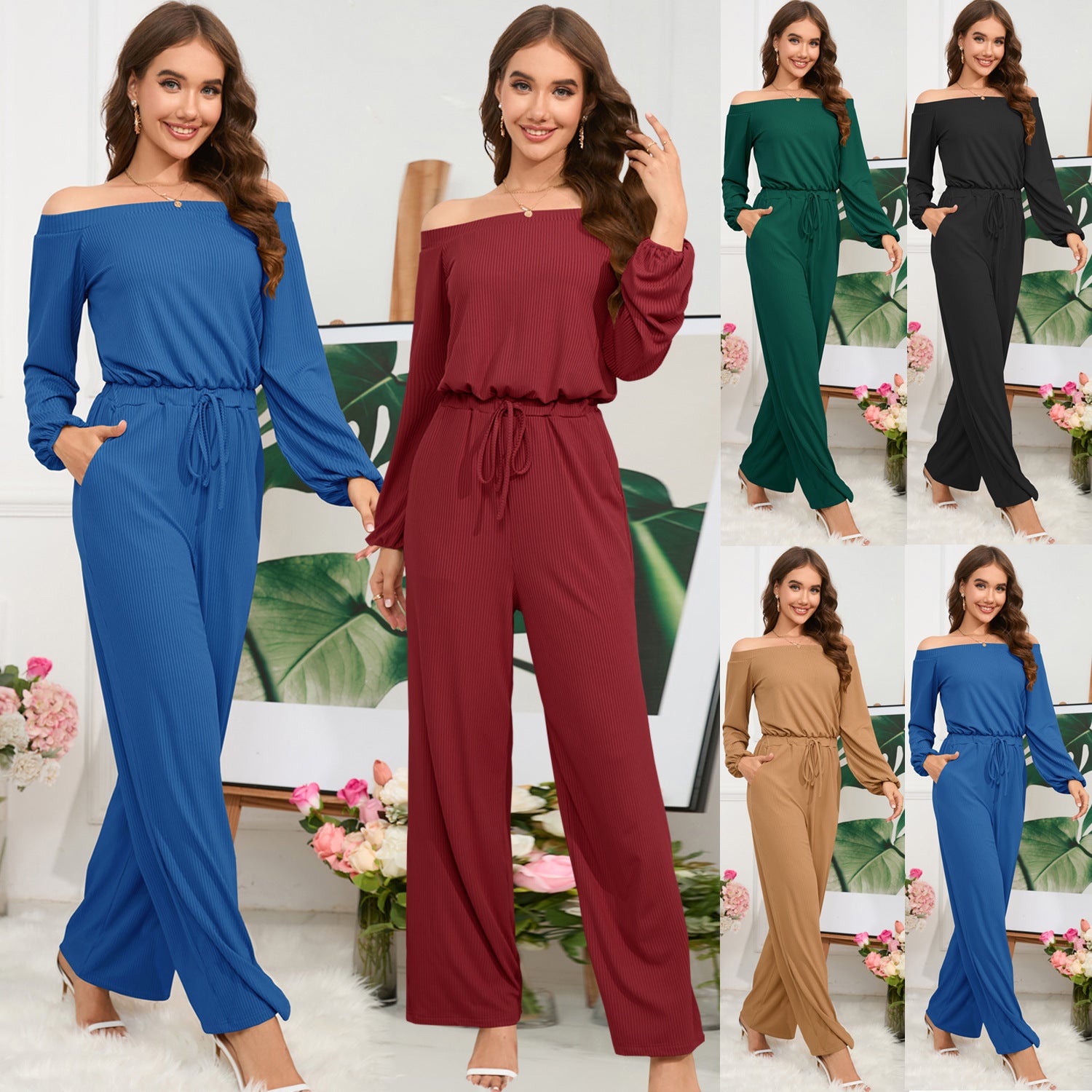 Women’s Ribbed Off-the-Shoulder Long Sleeve Jumpsuit with Wide Legs in 5 Colors S-2XL - Wazzi's Wear