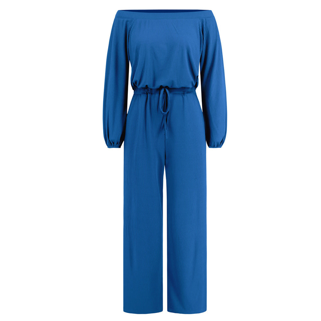 Women’s Ribbed Off-the-Shoulder Long Sleeve Jumpsuit with Wide Legs in 5 Colors S-2XL - Wazzi's Wear
