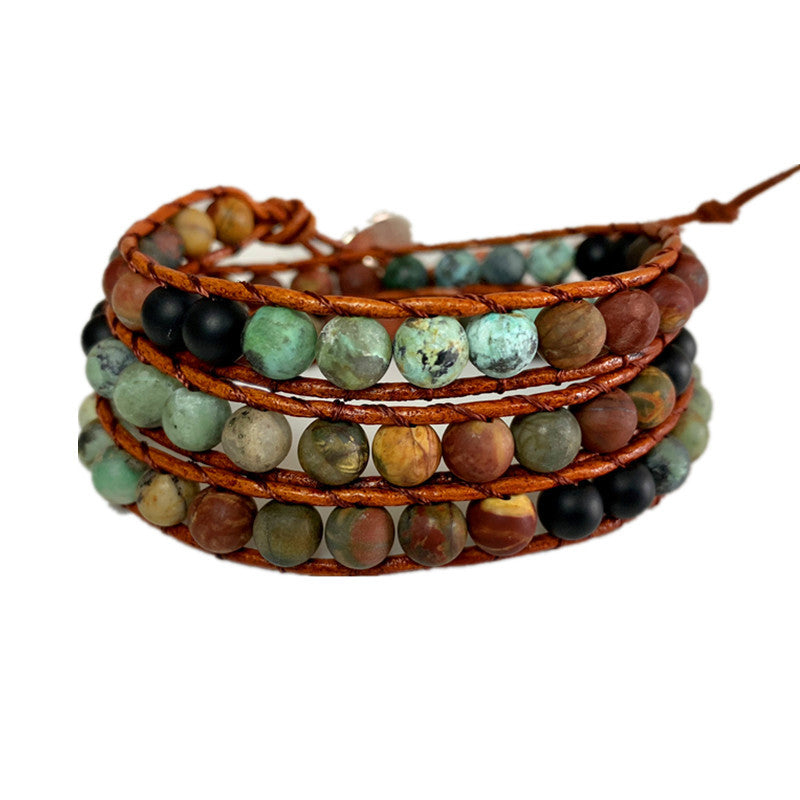 Bohemian Multi-Layer Leather Bracelet with Agate Gemstones - Wazzi's Wear