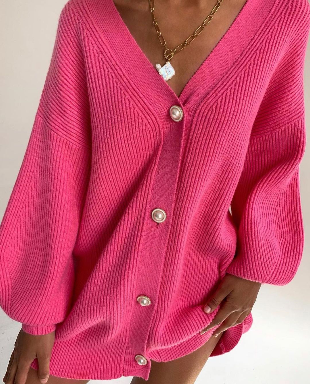 Women’s Long Sleeve V-Neck Sweater Cardigan with Pearl Buttons in 7 Colors S-L - Wazzi's Wear