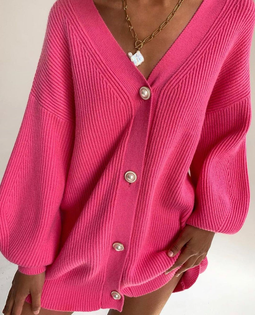 Women’s Long Sleeve V-Neck Sweater Cardigan with Pearl Buttons in 7 Colors S-L - Wazzi's Wear