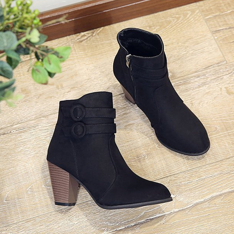 Women’s Suede Pointed Toe Thick Heel Ankle Boots