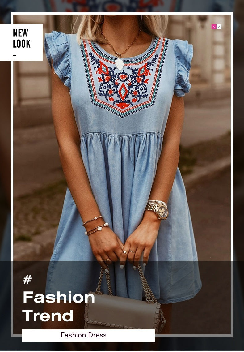 European And American Summer Embroidery Waist Dress