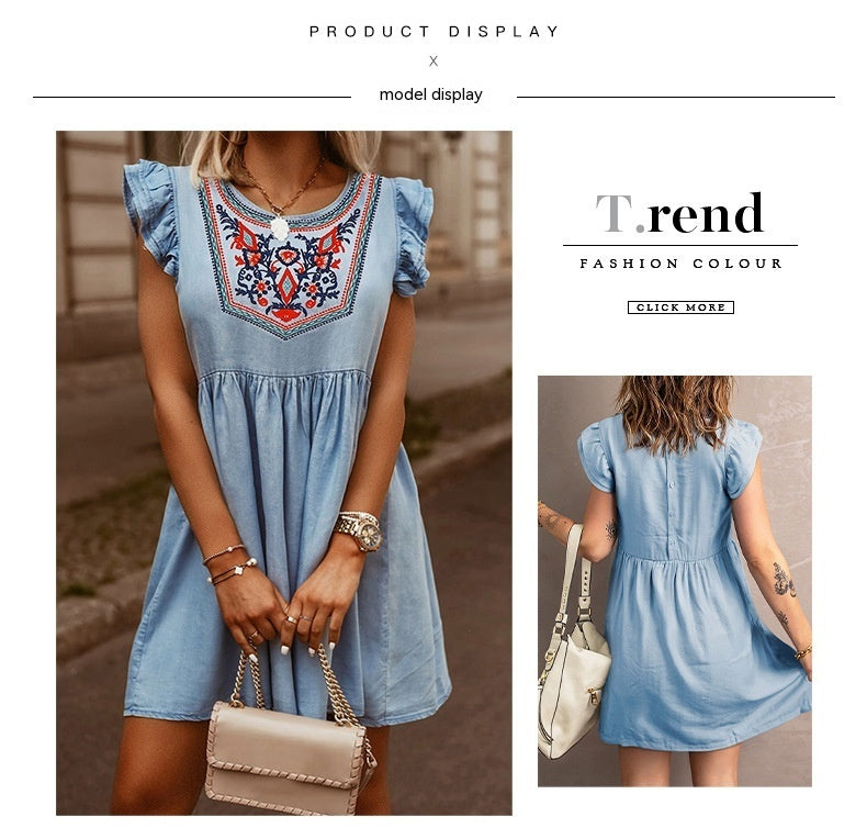 European And American Summer Embroidery Waist Dress