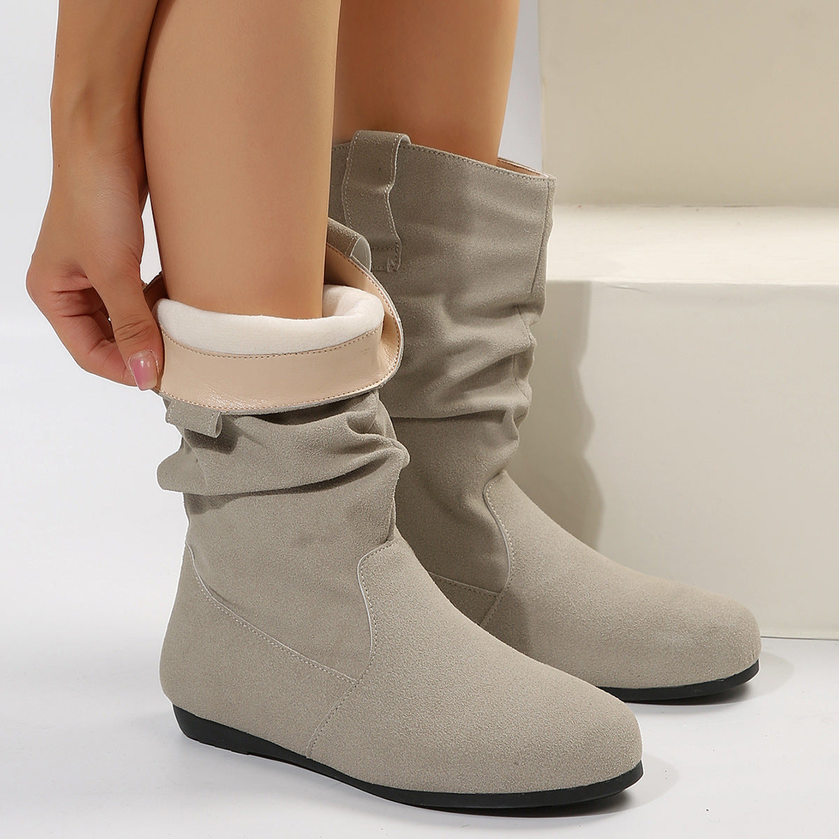 Women’s Suede Low Heel Fleece-Lined Slouch Boots