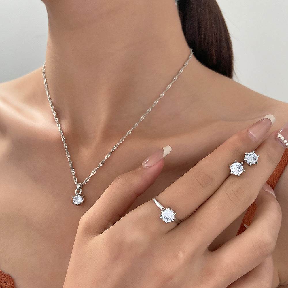 Women’s Cubic Zirconia Three-Piece Necklace, Earrings, and Ring Set - Wazzi's Wear
