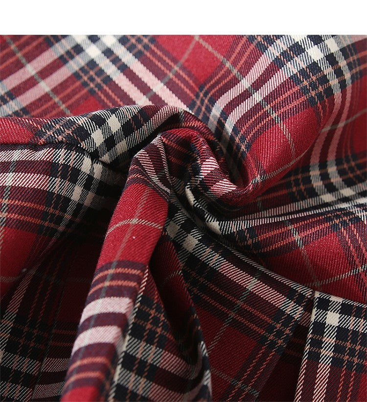 College Style JK Red Plaid Pleated Skirt For Women