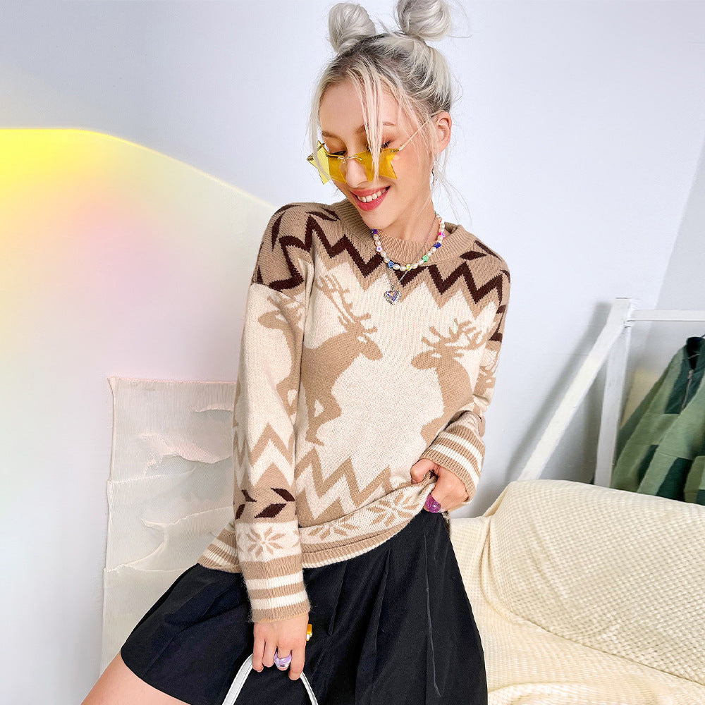 Round Neck Pullover Elk Christmas Style Women's Knitted Sweater Women