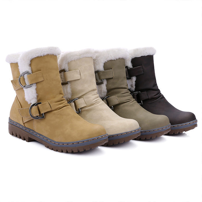 Women’s Short Plush Snow Boots with Buckle in 4 Colors - Wazzi's Wear