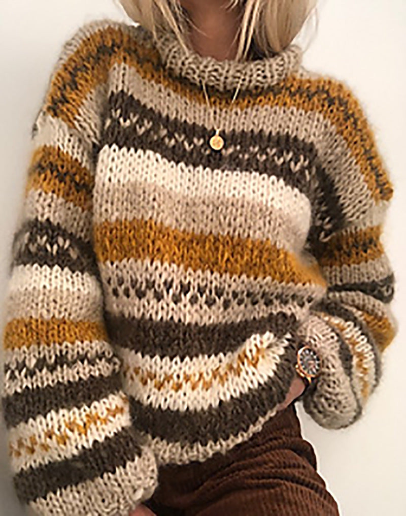 Women’s Striped Long Sleeve Wool Sweater in 5 Colors S-3XL - Wazzi's Wear