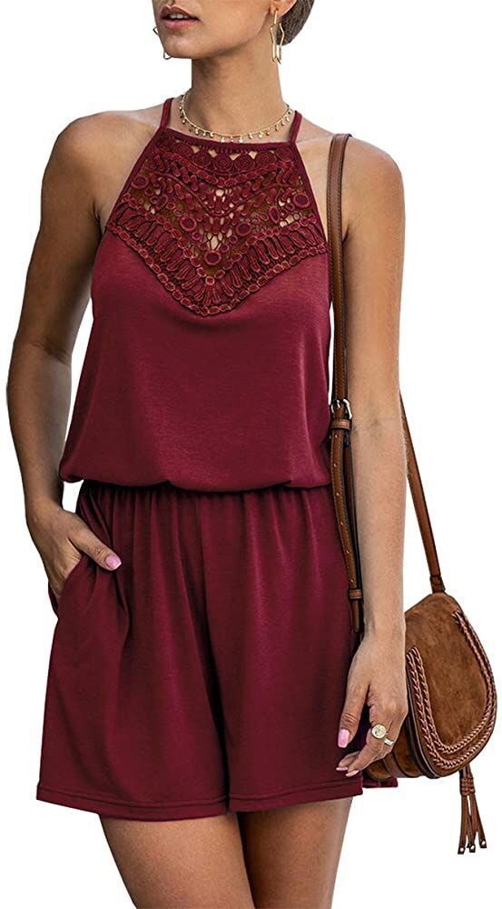 Women’s Sleeveless Halter Neck Romper with Lace Panel and Pockets
