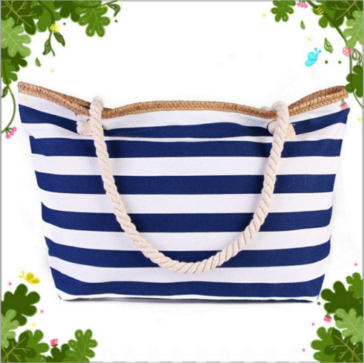 Women's Canvas Large Capacity Striped Beach Bag in 6 Colors