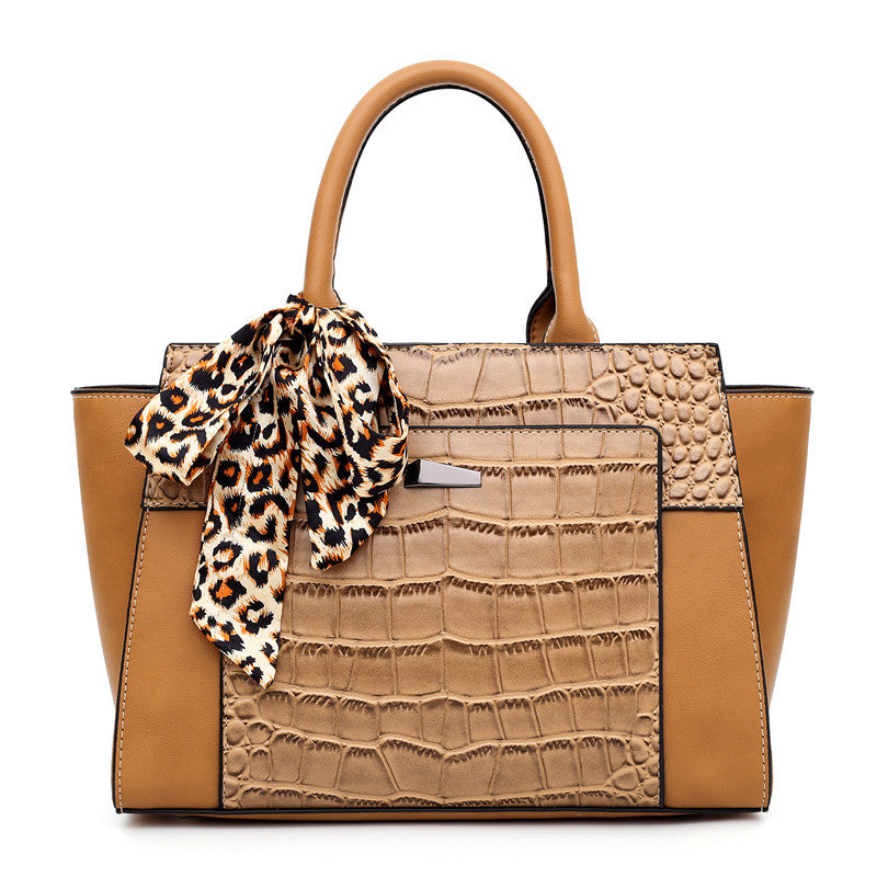 Women’s Crocodile Pattern Hand Shoulder Bag with Tied Leopard Silk Scarf in 9 Colors - Wazzi's Wear