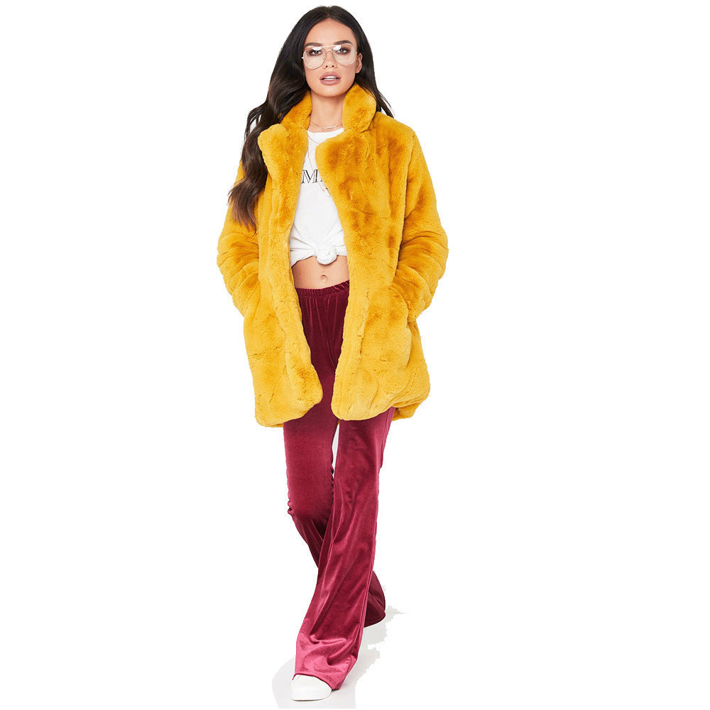 Women’s Faux Fur Coat with Lapel and Pockets