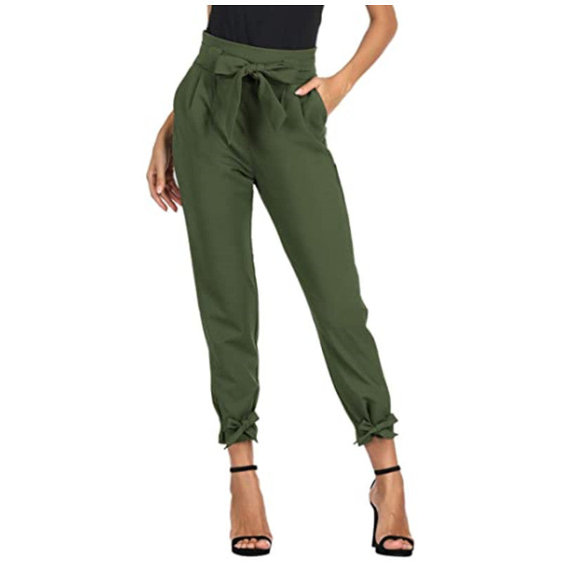 Women’s High Waisted Cuffed Pants with Pockets and Bows