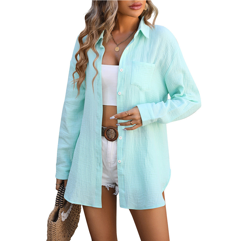 Women's Button-Up Long Sleeve Top with Lapel and Pocket