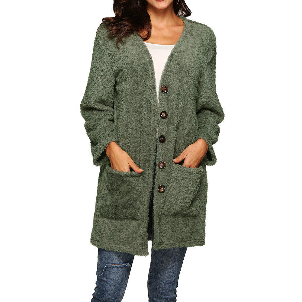 Women’s Mid-Length Plush Cardigan with Pockets in 8 Colors  S-5XL - Wazzi's Wear