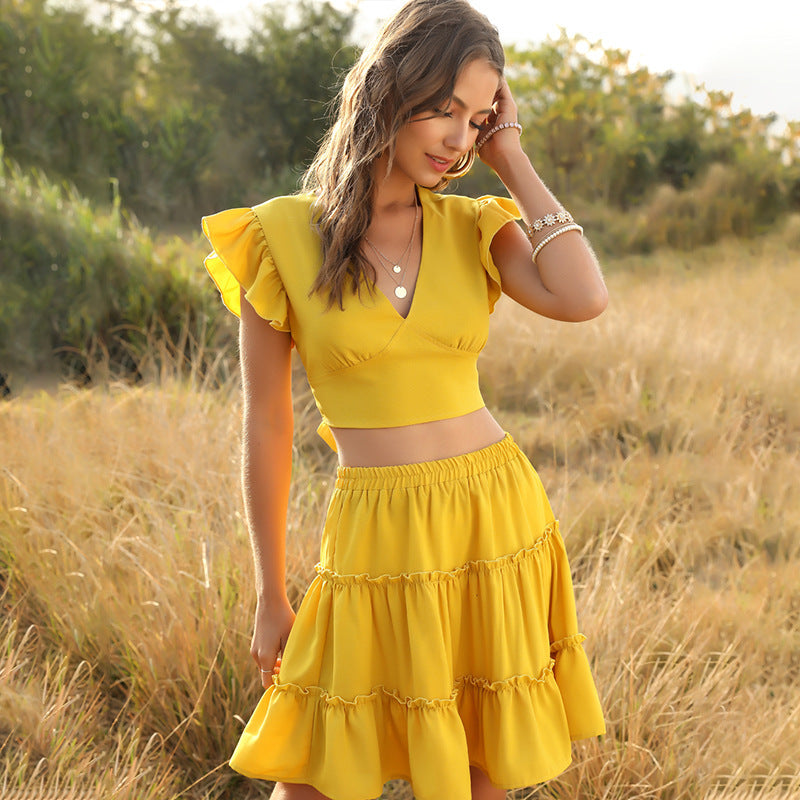 V-neck ruffle sleeve dress