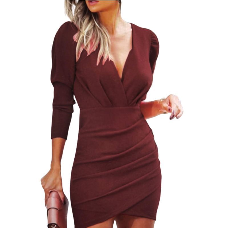 Women's V-Neck Long Sleeve Wrap Dress in 4 Colors S-XXL - Wazzi's Wear