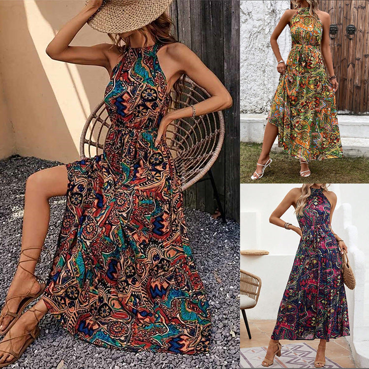 Women’s High Waist Halter Neck Bohemian Maxi Dress in 3 Colors S-3XL