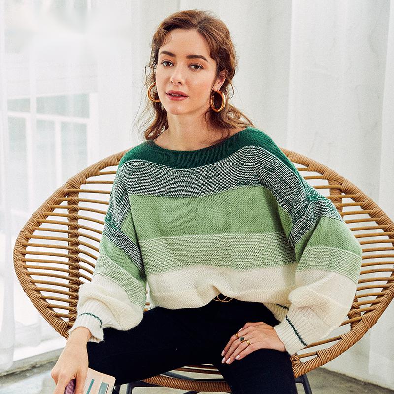 Women’s Striped Long Sleeve Knit Sweater with Boat Neck in 3 Colors S-L - Wazzi's Wear