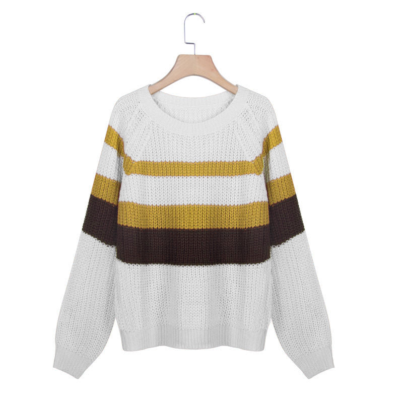 Women’s Loose Knit Long Sleeve Striped Sweater in 3 Colors S-2XL - Wazzi's Wear
