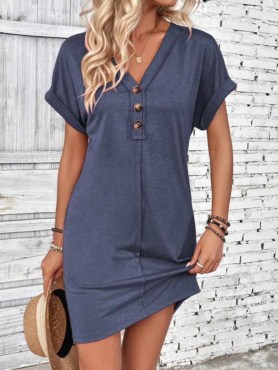 Women's Solid Colour Short Sleeve V-Neck Shirt Dress