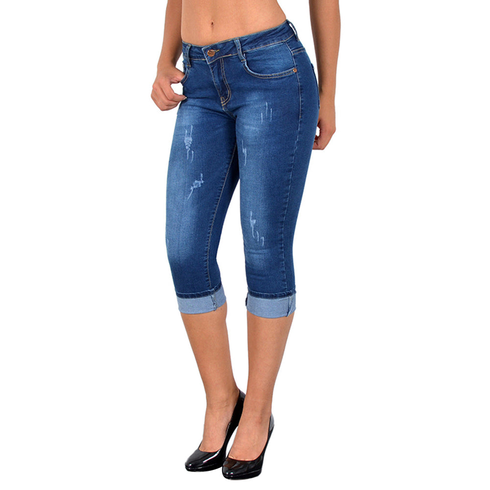 Capris en denim vieilli coupe slim pour femme