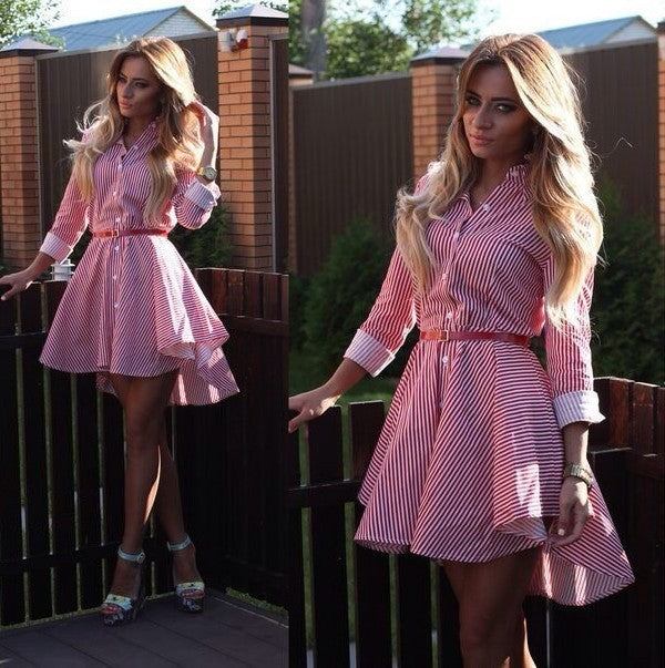 Long sleeve women's striped shirt with a unique skirt shape and belt.