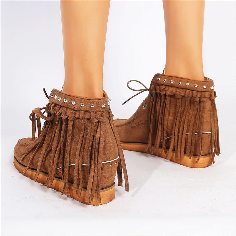 Women’s Suede Lace-Up Moccasins with Fringe and Thick Sole in 3 Colors - Wazzi's Wear