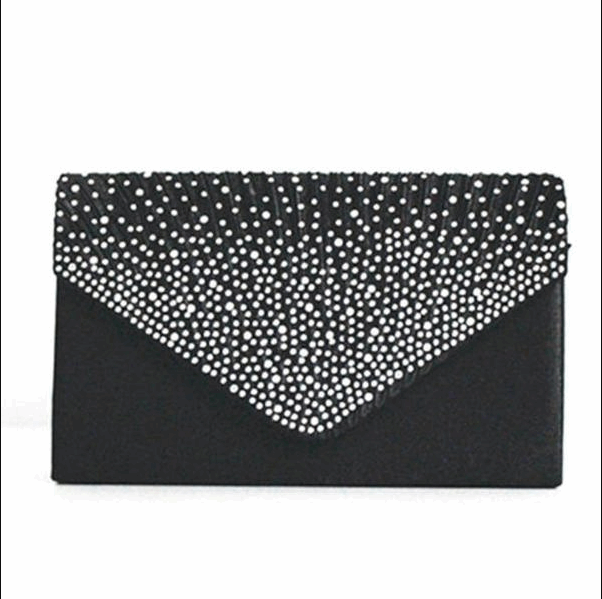 Elegant Satin Evening Bag with Rhinestones and Shoulder Chain in 2 Colors - Wazzi's Wear