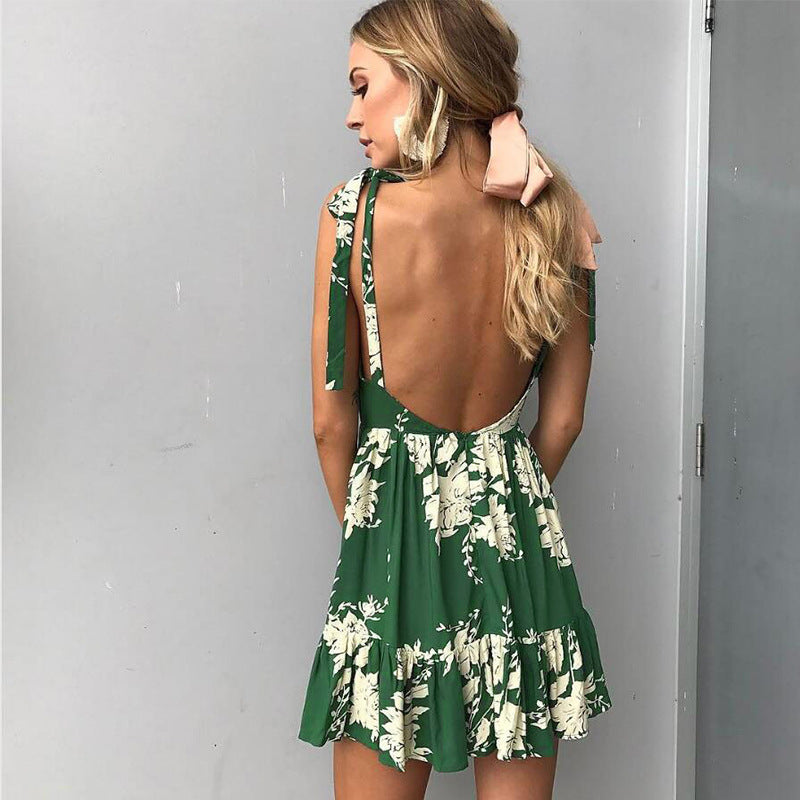 Deep V-neck halter print sleeveless dress