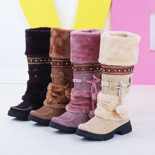 Women’s Plush Lined Snow Boots with Round Toe and Pompom in 4 Colors - Wazzi's Wear