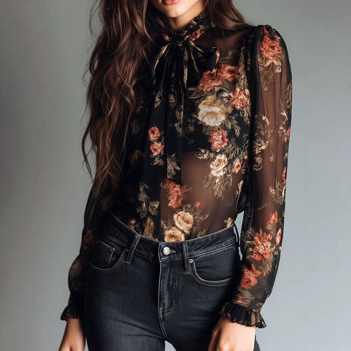 Women's Sheer Floral Print Collar Shirt