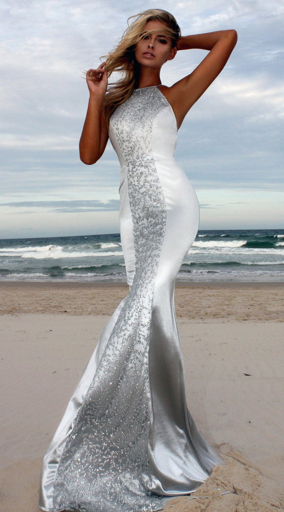 Women’s Silver Halter Neck Mermaid Dress S-XL - Wazzi's Wear