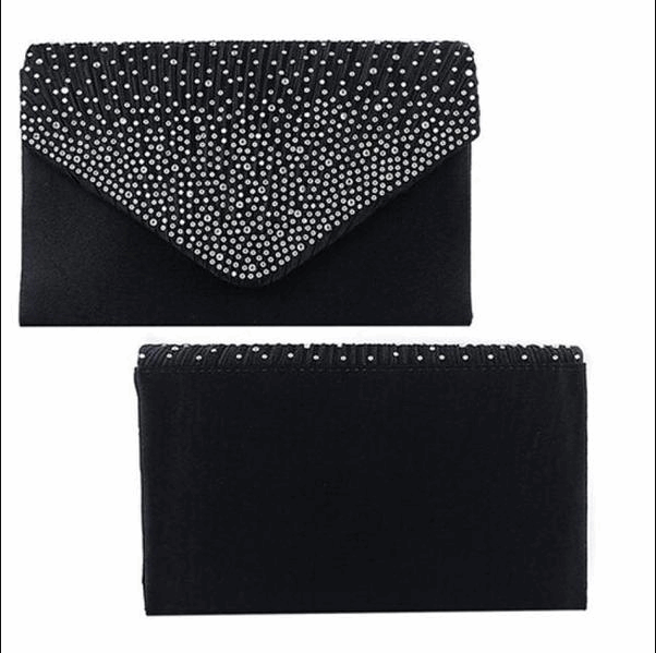 Elegant Satin Evening Bag with Rhinestones and Shoulder Chain in 2 Colors - Wazzi's Wear