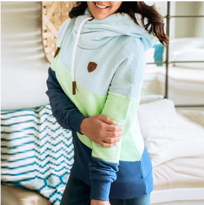 Women’s Colorblock Long Sleeve Hooded Sweatshirt with Drawstring in 11 Colors S-5XL - Wazzi's Wear