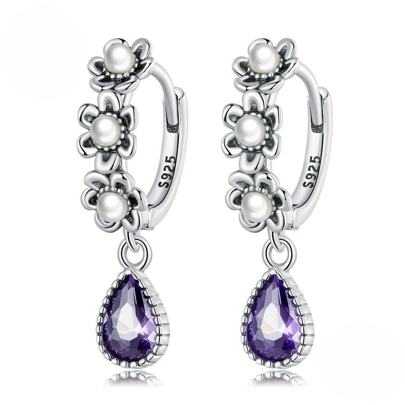 Sterling Silver Purple Zircon Flower Drop Earrings - Wazzi's Wear