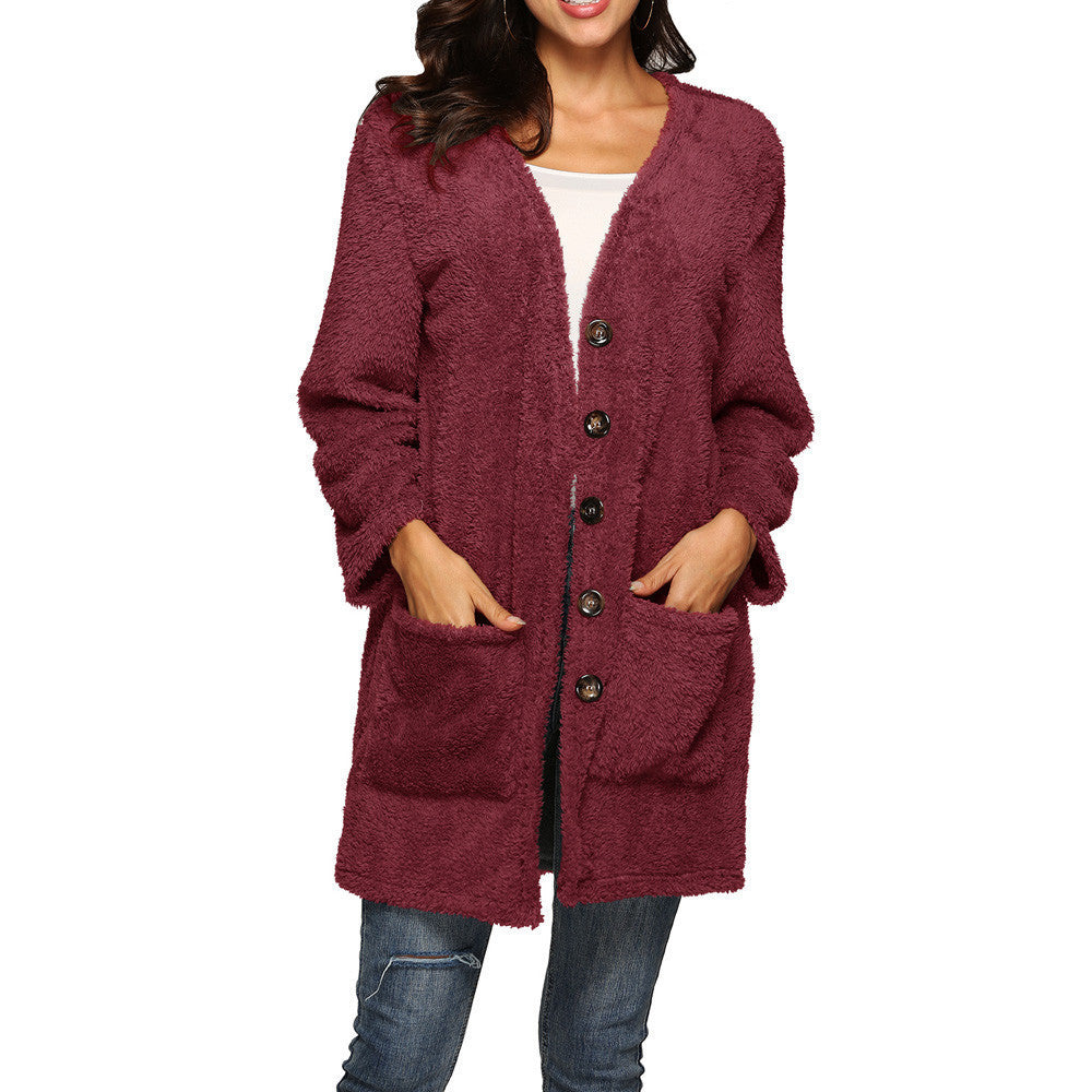 Women’s Mid-Length Plush Cardigan with Pockets in 8 Colors  S-5XL - Wazzi's Wear