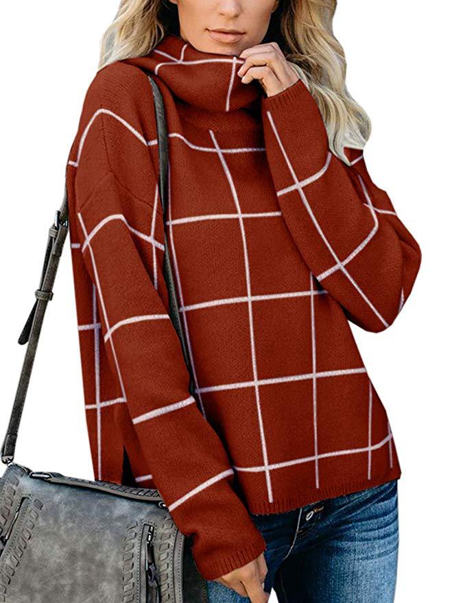 Women’s Long Sleeve Plaid Knit Sweater with Cowl Neck in 8 Colors S-XL - Wazzi's Wear