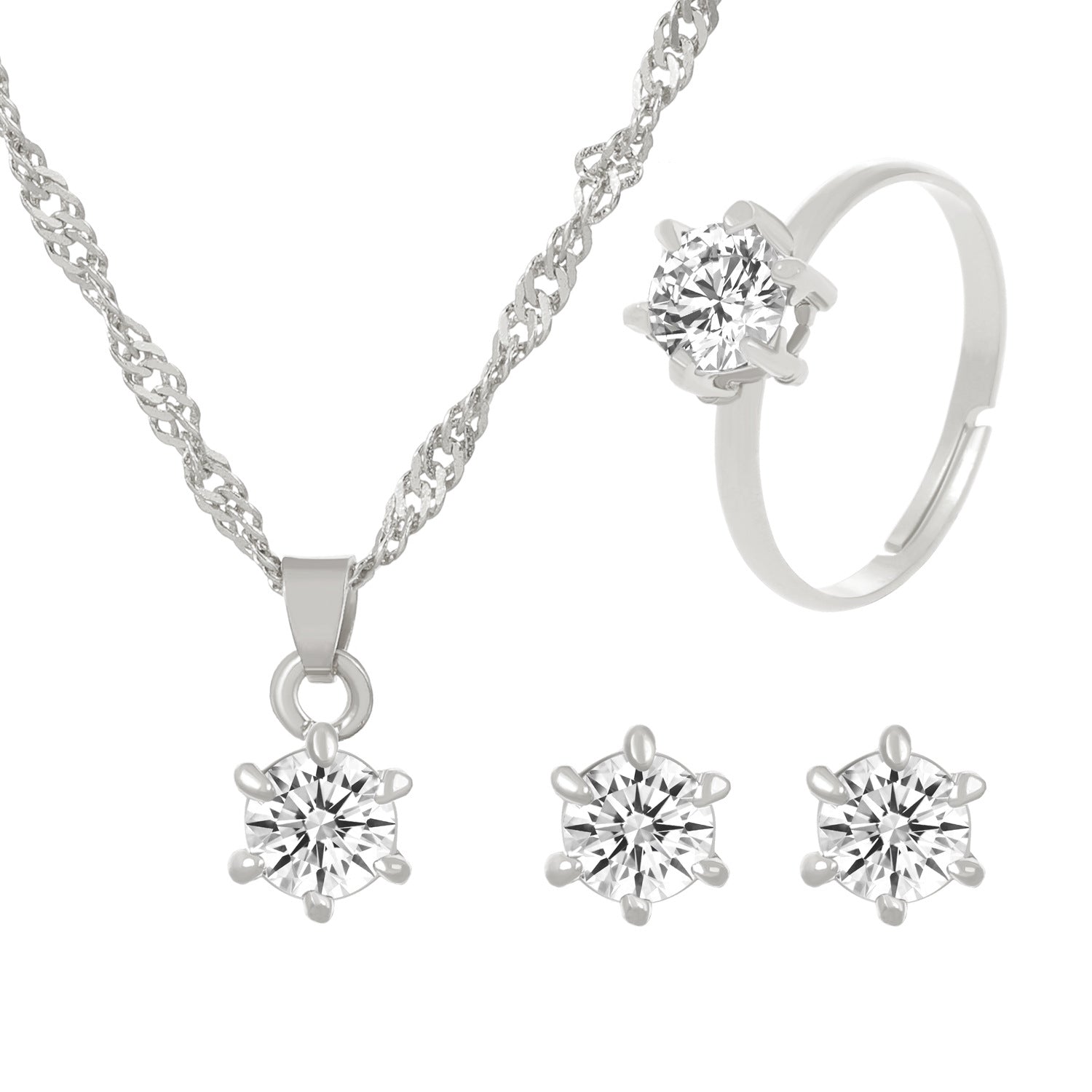 Women’s Cubic Zirconia Three-Piece Necklace, Earrings, and Ring Set - Wazzi's Wear