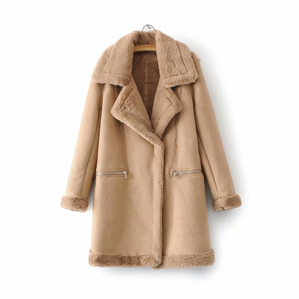 Women's Suede Mid-Length Coat with Warm Lambswool Lining