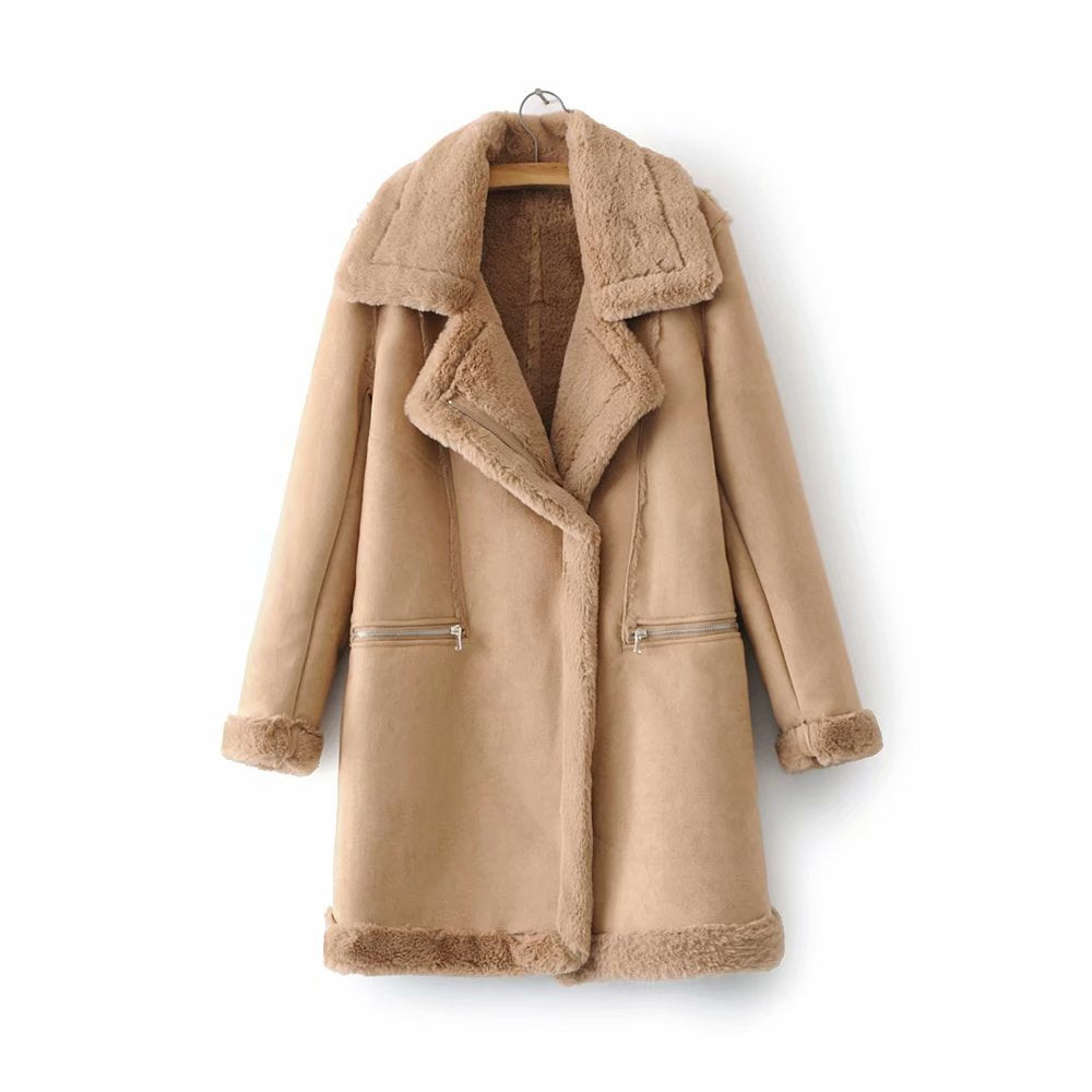 Women's Suede Leather Coat with Lambswool in 3 Colors S-L - Wazzi's Wear