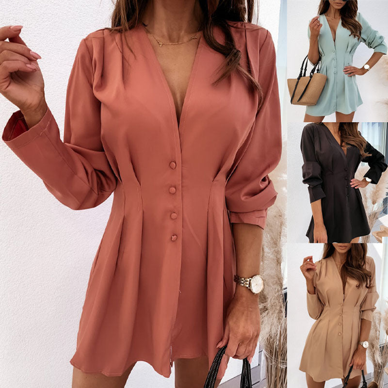 Women’s Buttoned V-Neck Long Sleeve Shirt Dress in 4 Colors S-XXL - Wazzi's Wear