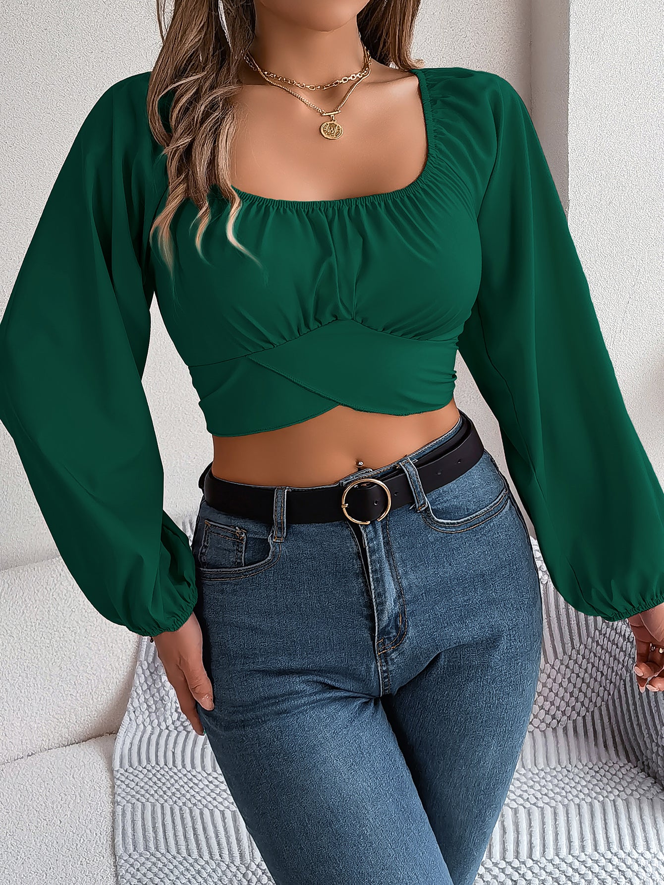 Women's Casual Lantern Sleeve Tie Waist Chiffon Crop Top