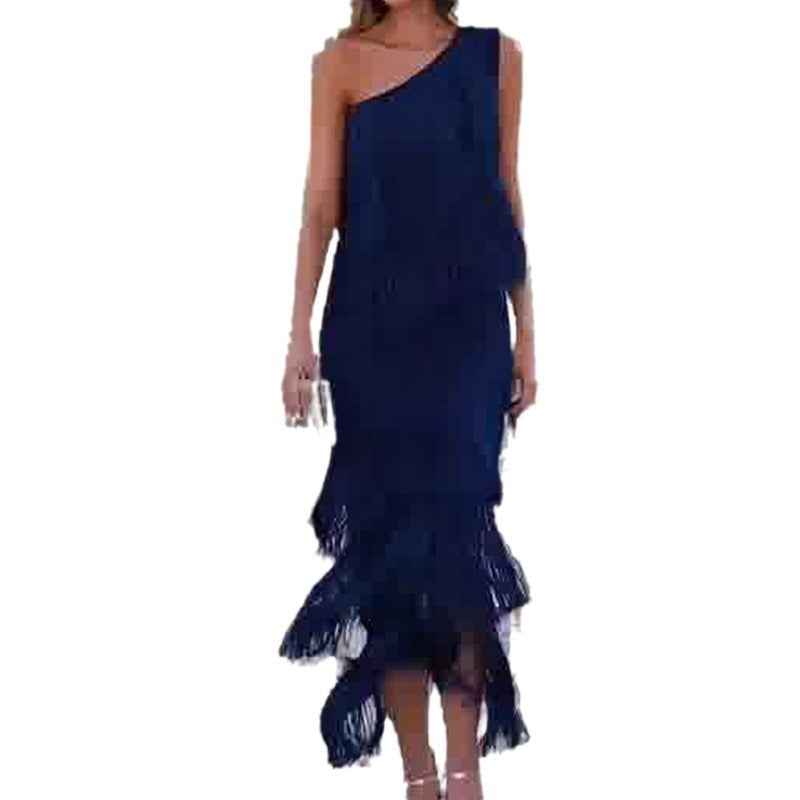 Women’s Solid Color Dress with Diagonal Collar & Multi-layer Tassel Stitching Design