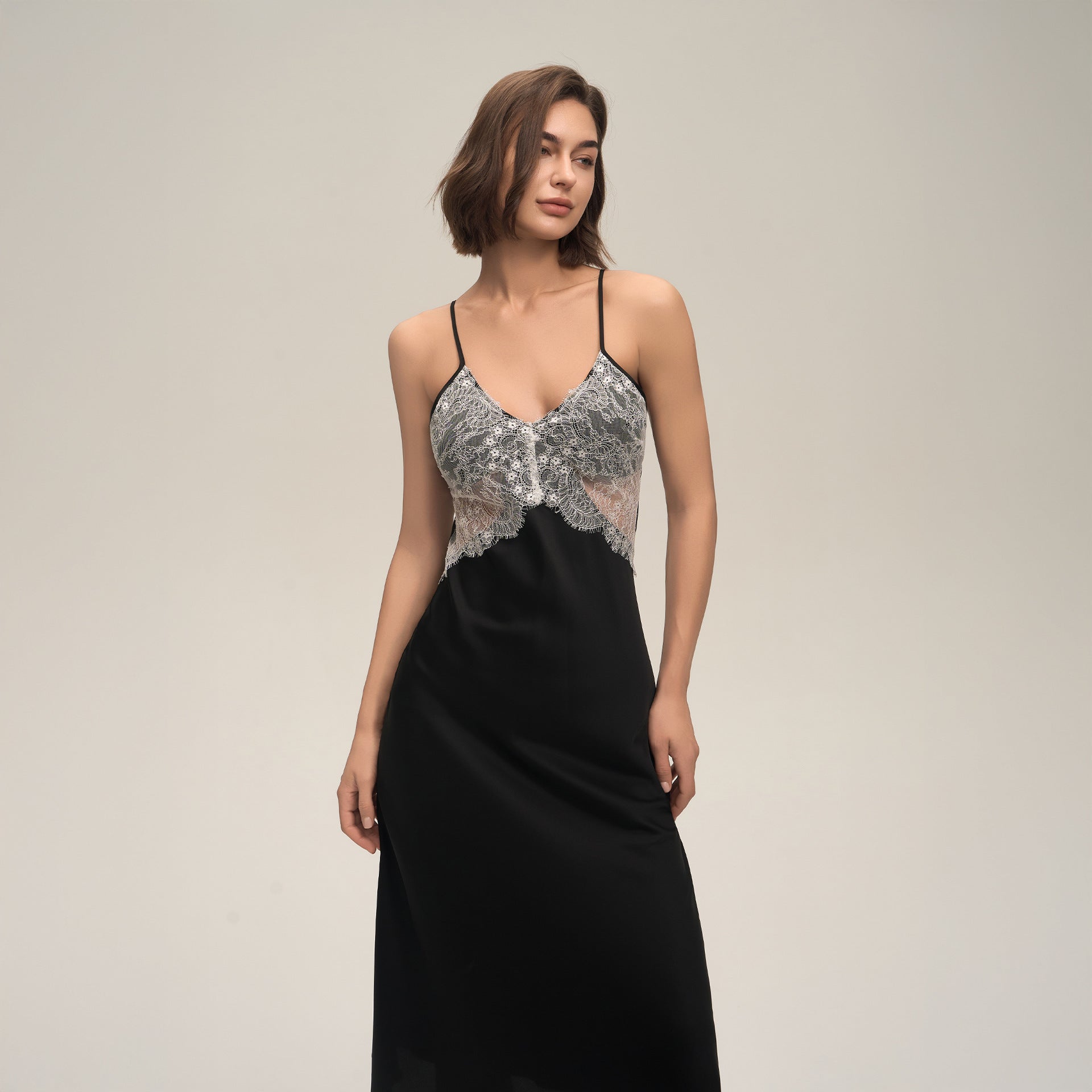 Satin-chiffon Lace Patchwork Slip Dress With A Backless Designperfect As Loungewear